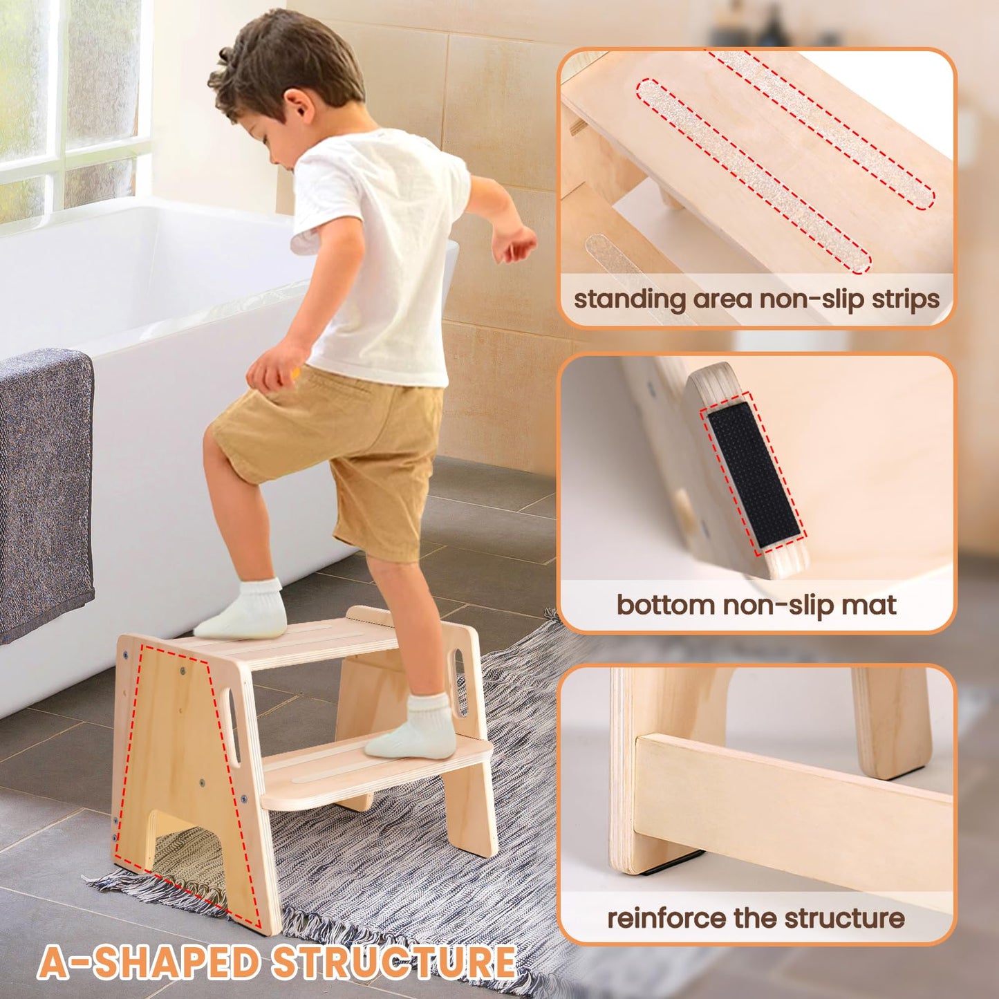 Toddler Step Stool, Wooden Height-Adjustable 2-Step Stool for Kids, Potty Training Stool with