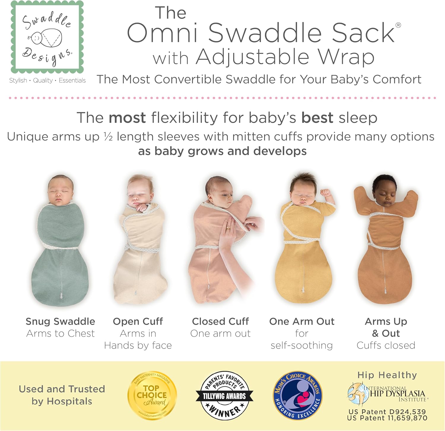 SwaddleDesigns 6-Way Omni Swaddle Sack Arms Up Swaddle for Newborn, More Options to Calm Startle