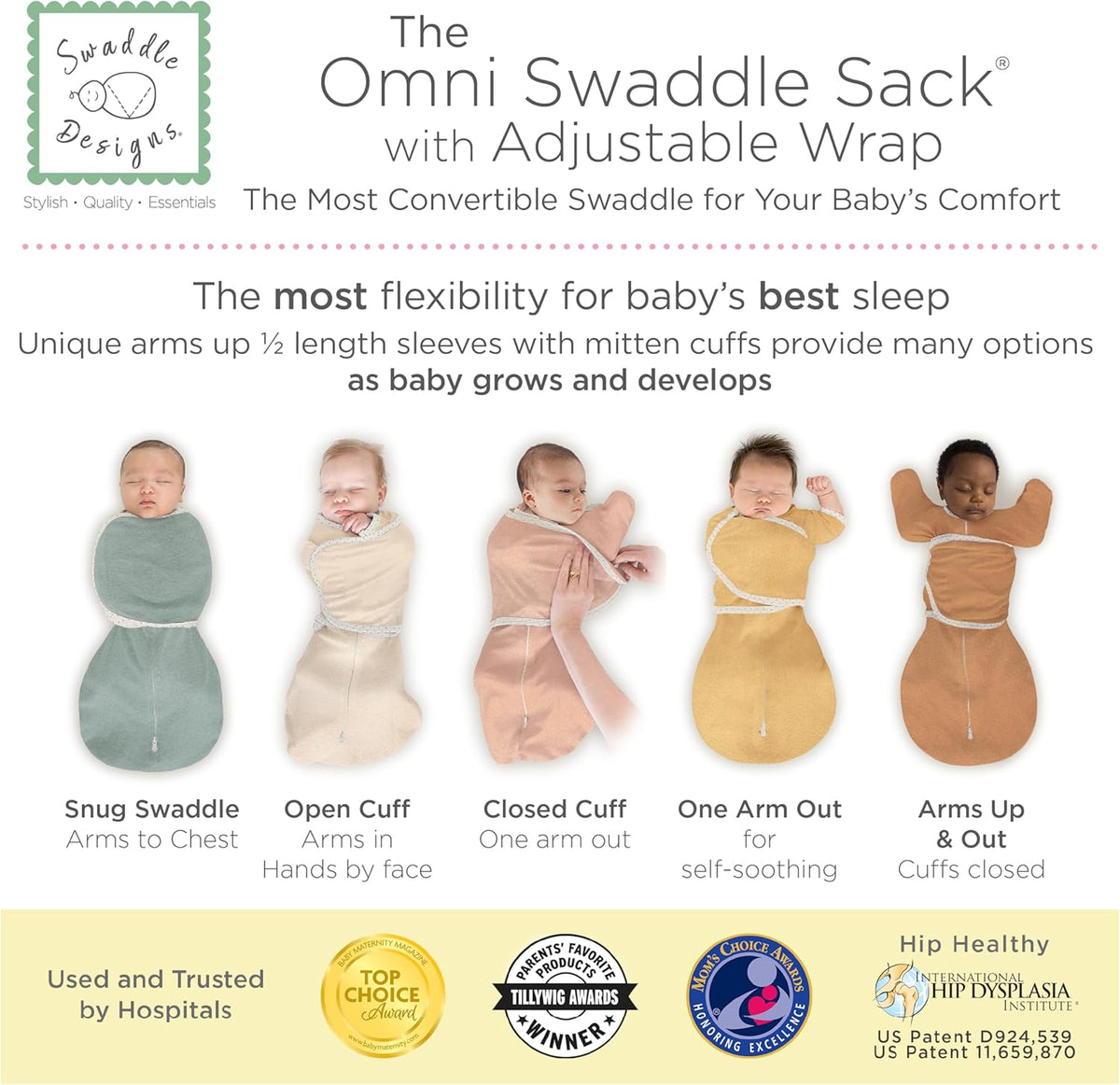 SwaddleDesigns 6-Way Omni Swaddle Sack Arms Up Swaddle for Newborn, More Options to Calm Startle