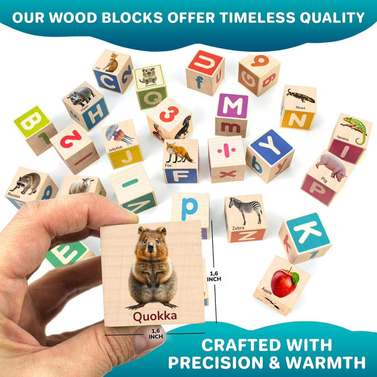QUOKKA Montessori Wooden Blocks for Toddlers 1-3 - 35 Realistic ABC Learning Baby Blocks for Kids