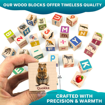 QUOKKA Montessori Wooden Blocks for Toddlers 1-3 - 35 Realistic ABC Learning Baby Blocks for Kids