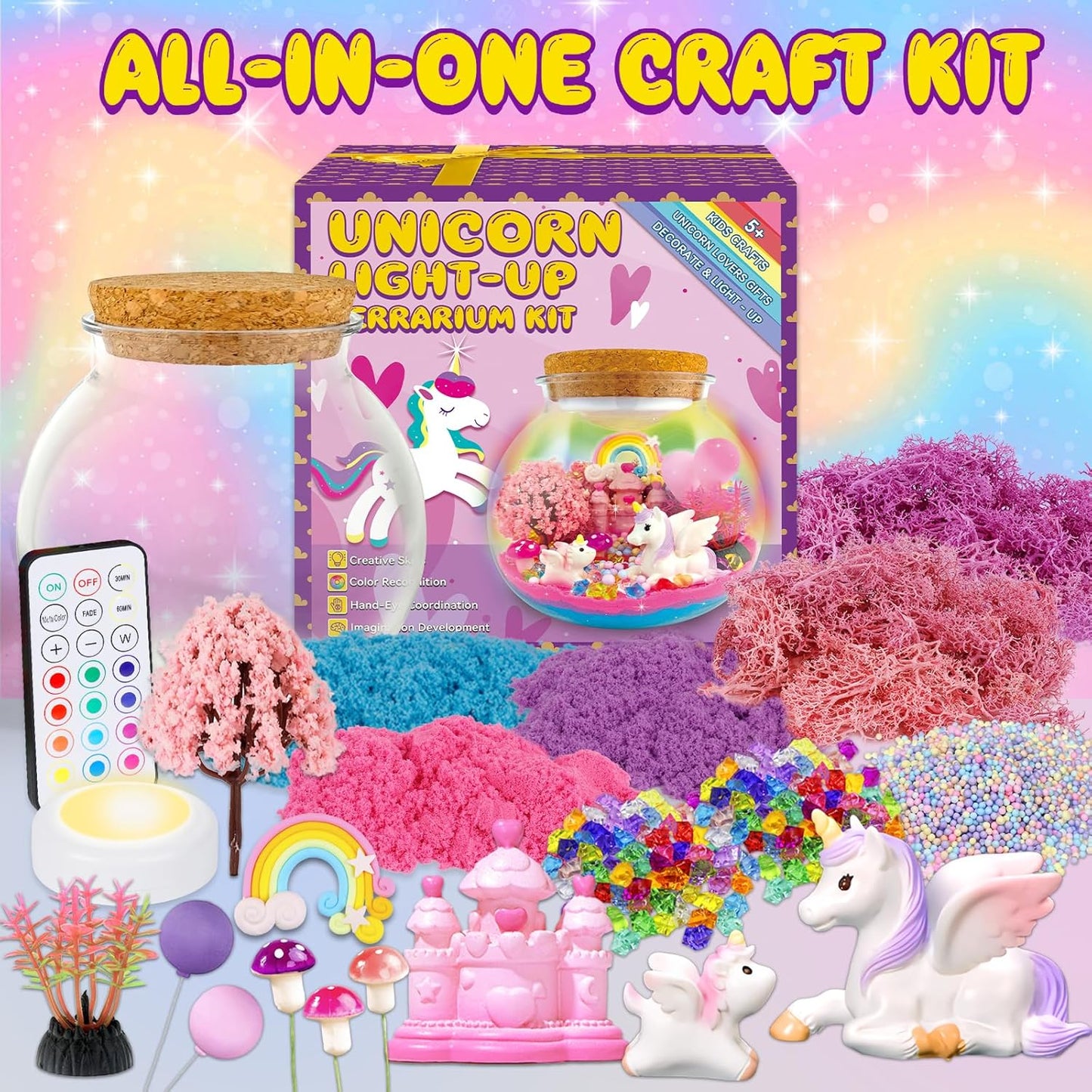Unicorn Terrarium Crafts Kit for Kids-LED Night Light Up & Remote Unicorn Birthday Gifts Toys for