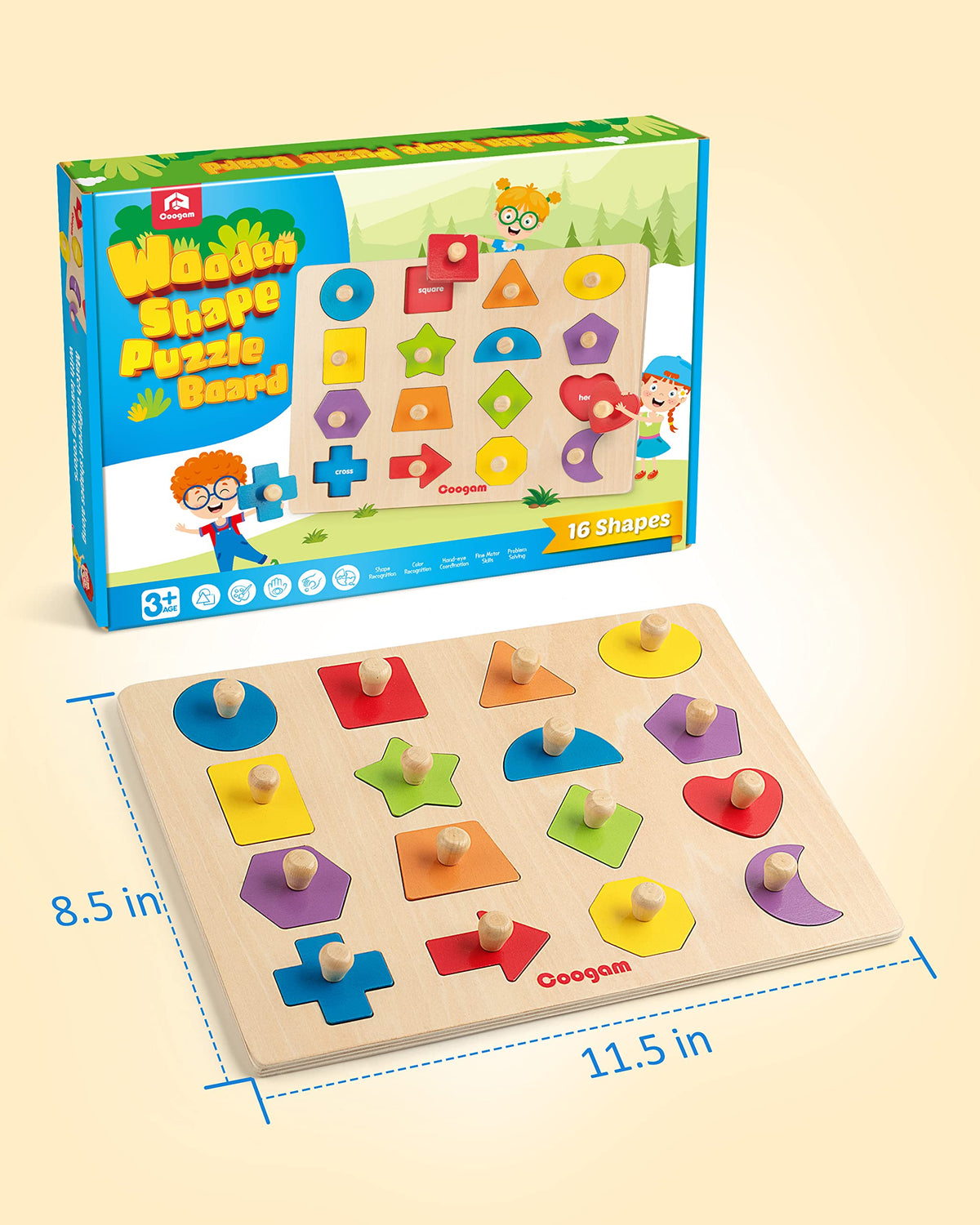 Coogam Montessori Toy Wooden Shape Peg Puzzle, Fine Motor Color Matching Sorting Board, Early