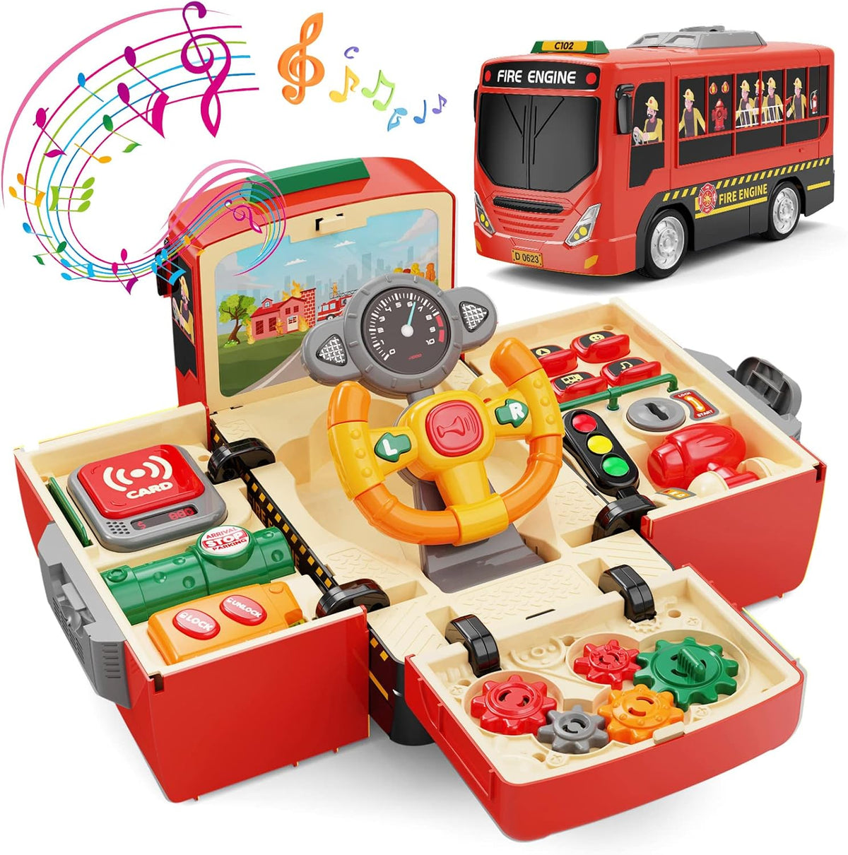 HONGTUO Fire Truck Toys with Teaching Meaning, Simulation Steering Wheel Driving Toy, Toddlers Fire