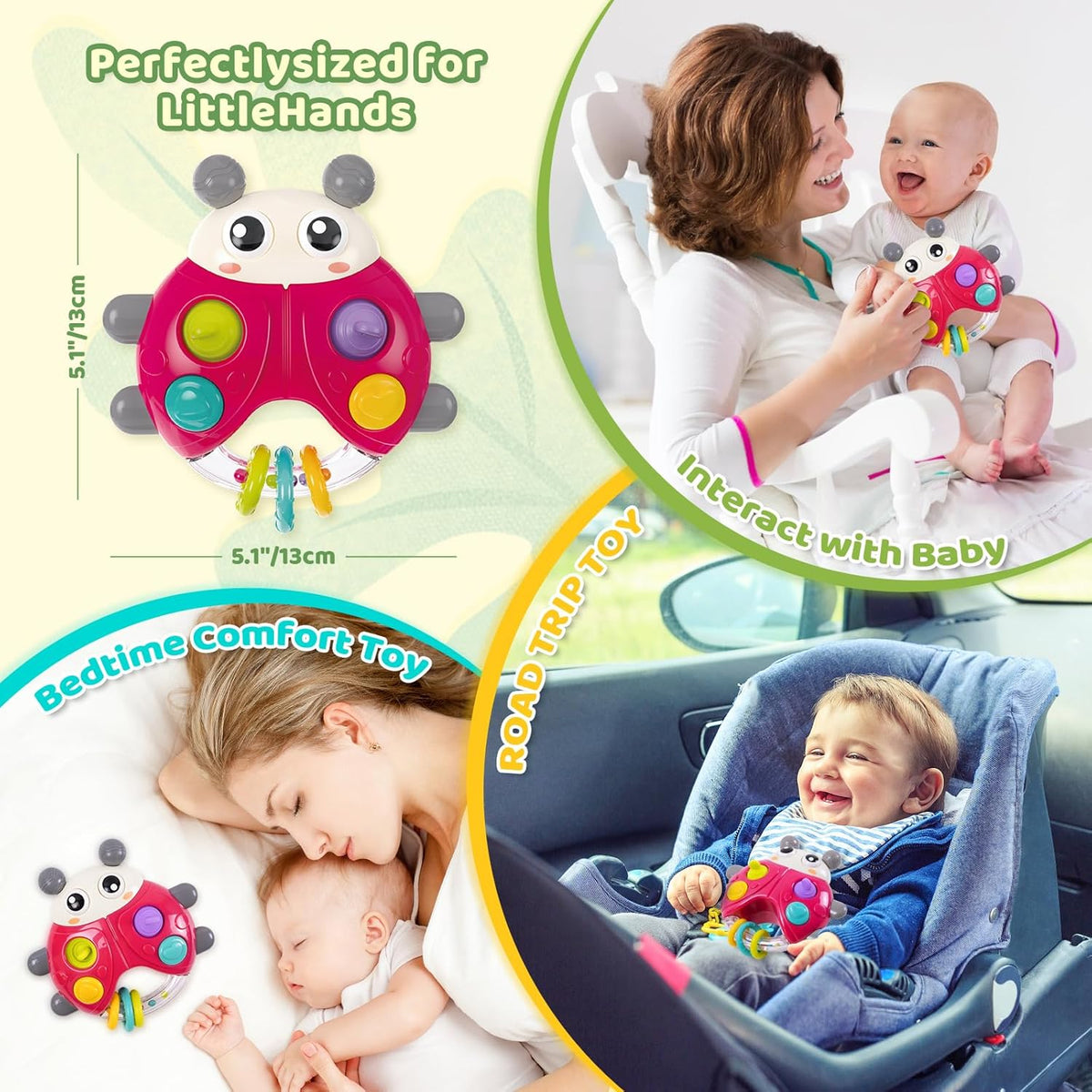 Ladybug Baby Light Up Toys with Rattle Led Light Music, Interactive Educational Fine Motor
