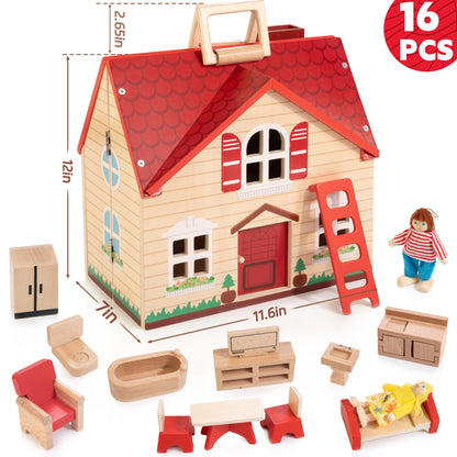 WOODMAM Foldable Wooden Dollhouse with Furniture for Pretend Play