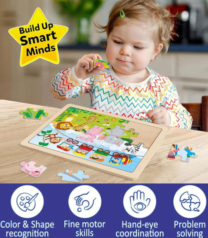 Wooden Puzzles for Kids Ages 4-6, 4 PCs 24 Animals Cars Farm Dinosaur World Jigsaw Puzzles