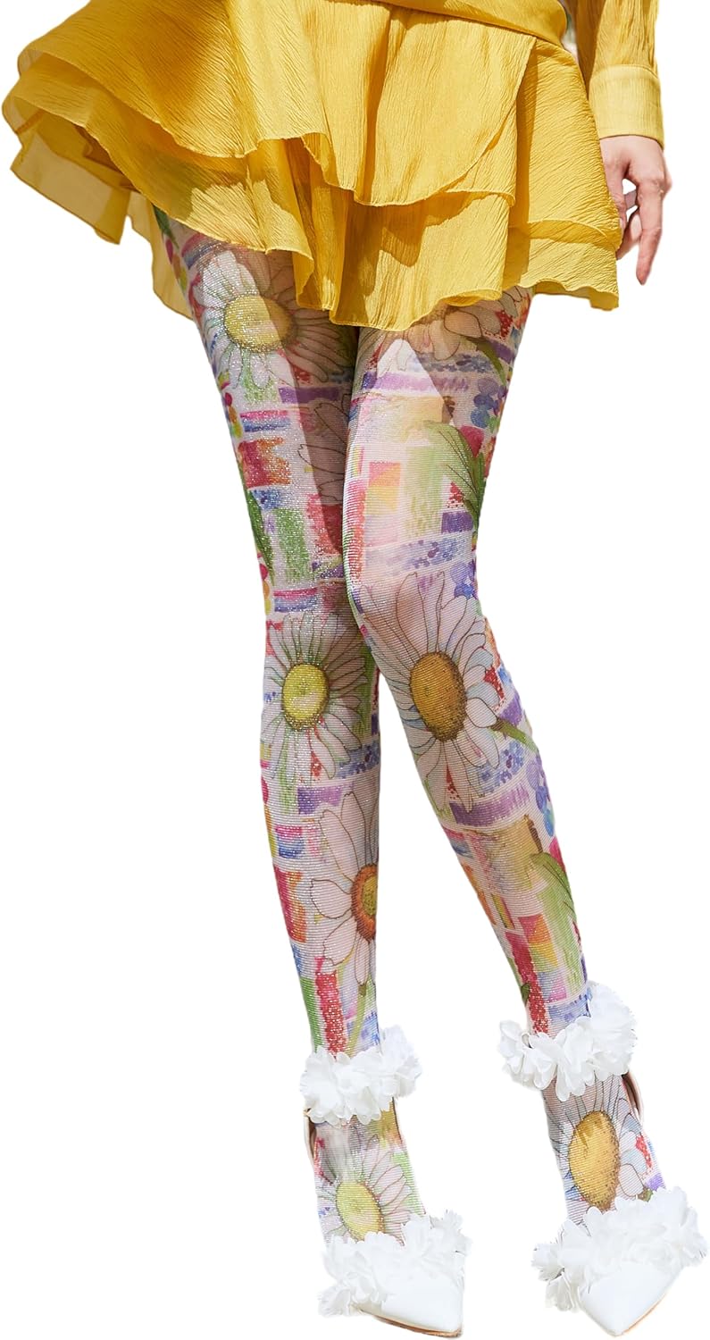 Sahabowi Women's Sheer Fashion Digital Print Fashions Stockings Metallic Silver Tights 1