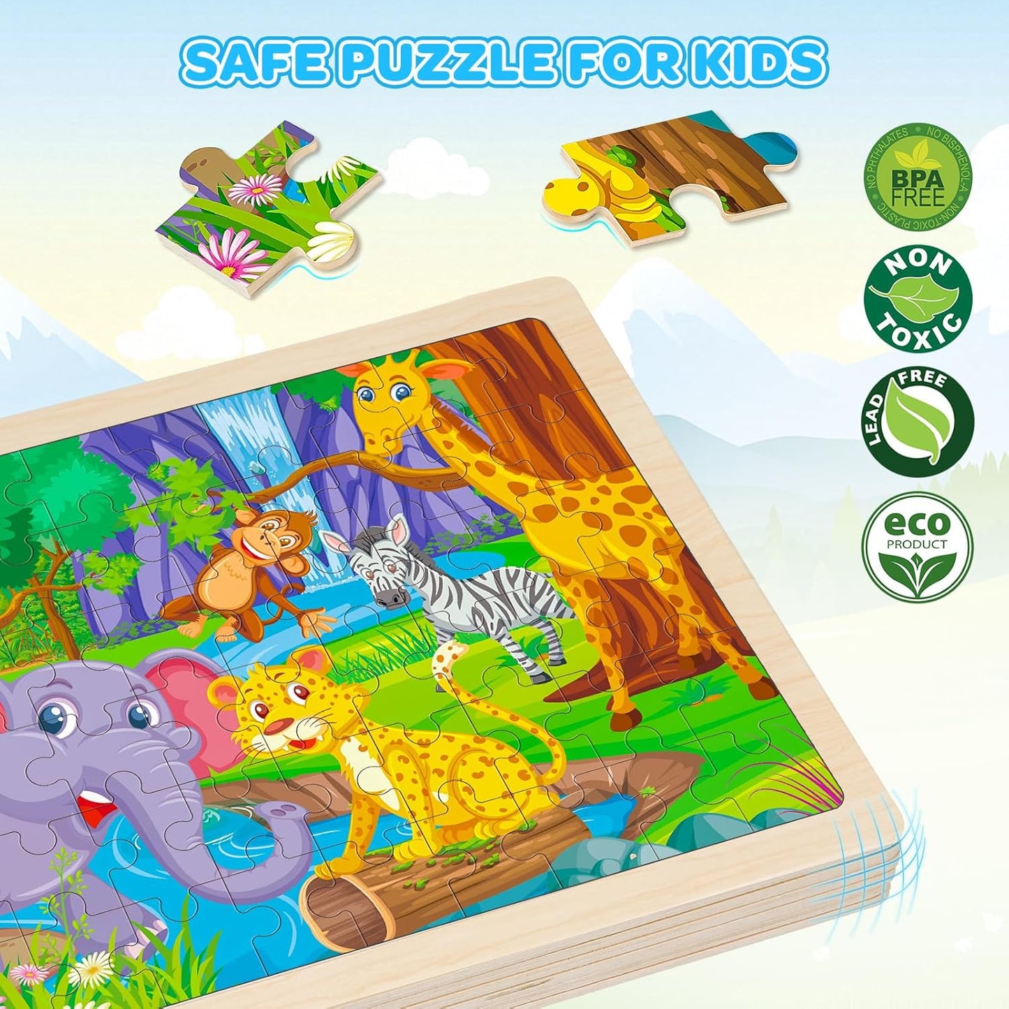 6 Packs Wooden Puzzles for Kids Ages 4-6, 60 Piece Wood Dinosaur Animals Jigsaw Puzzles for