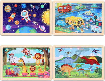 Wooden Educational Jigsaw Puzzles for Preschool Kids Ages 3-5, 4-Pack with 20 Pieces Dinosaur