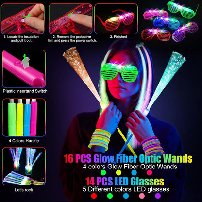 148 PCS Glow in the Dark Party Supplies, 16 PCS Glow Fiber Optic Wands, 14 PCS LED Glasses, 100 PCS