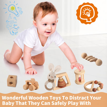 Wooden Toys for Babies, 7PCS Wooden Baby Rattle for 7-24 Months Boys Girls, Natural Wood Montessori