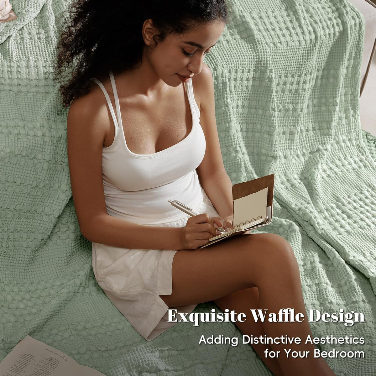 PHF 100% Cotton Waffle Weave Blanket Queen Size, Soft Lightweight Breathable Cozy Summer Blankets
