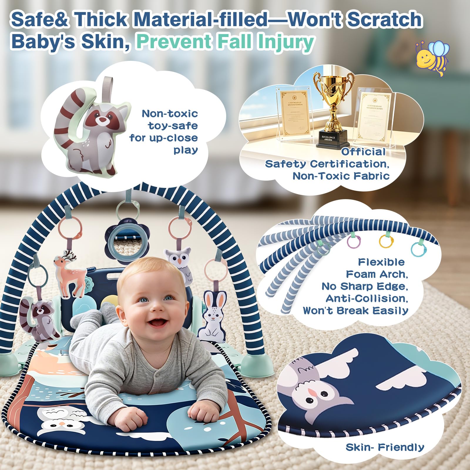 Joryuek Baby Play Mat, Tummy Time Mat with Piano Music and Lights, Baby Activity Play Gym with