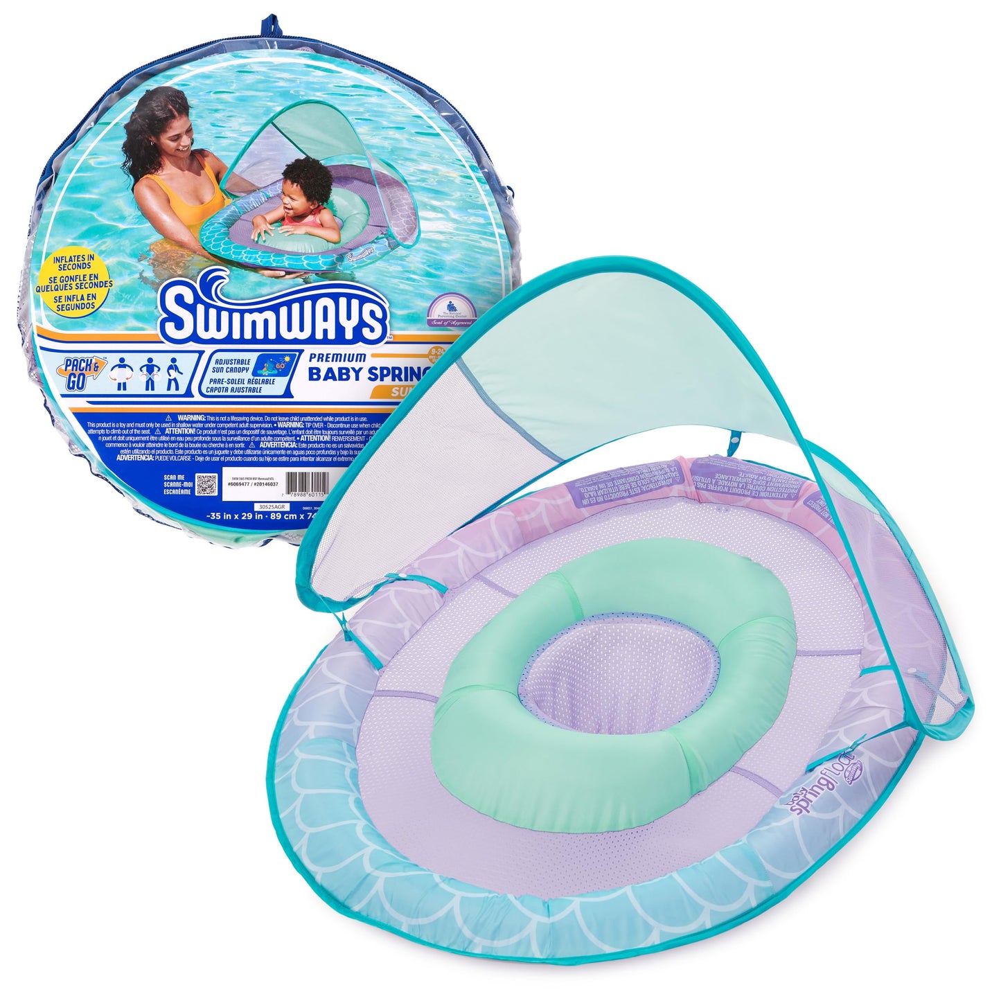SwimWays Baby Spring Float, Baby Pool Float with Canopy, Swim Training PFD, Swimming Pool