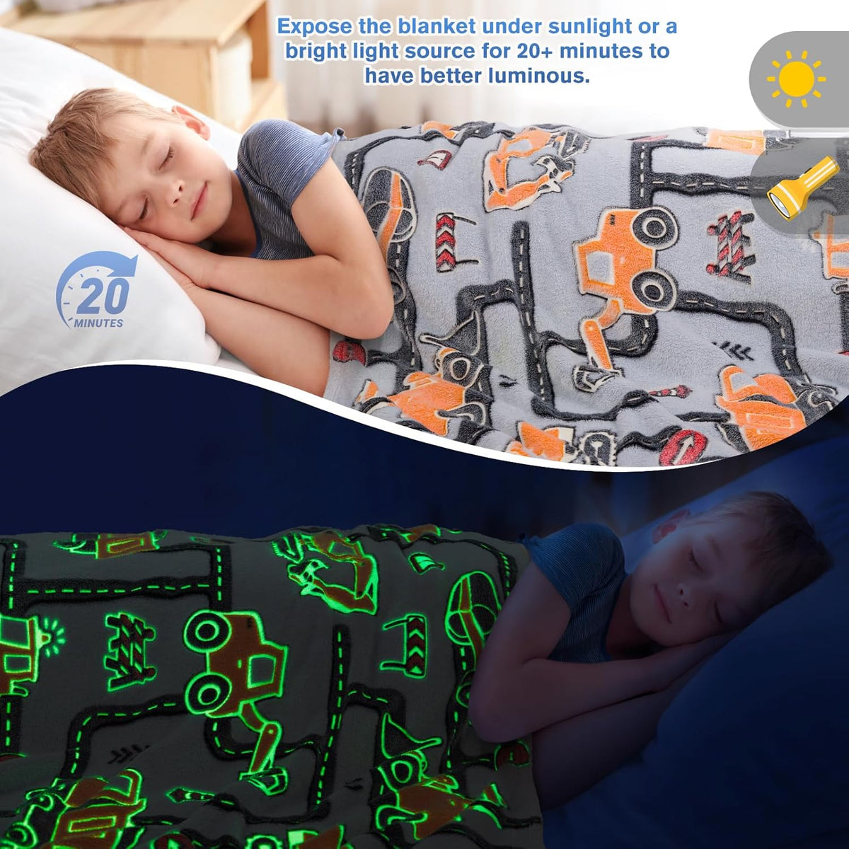Construction Truck Toys Gifts for Boys - Glow in The Dark Excavator Blanket Birthday Easter