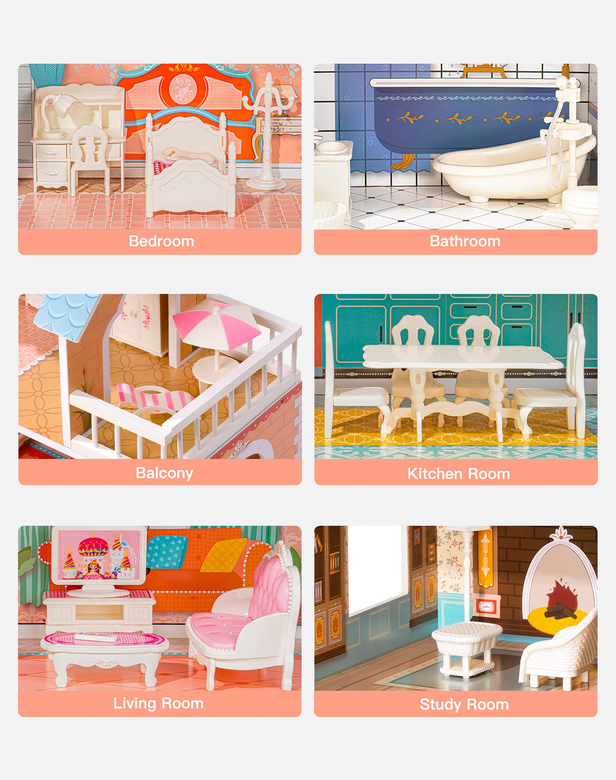 ROBOTIME Doll House Wooden Dollhouse for Kids 3 4 5 6 Years Old, Doll House w/28PCS Furniture
