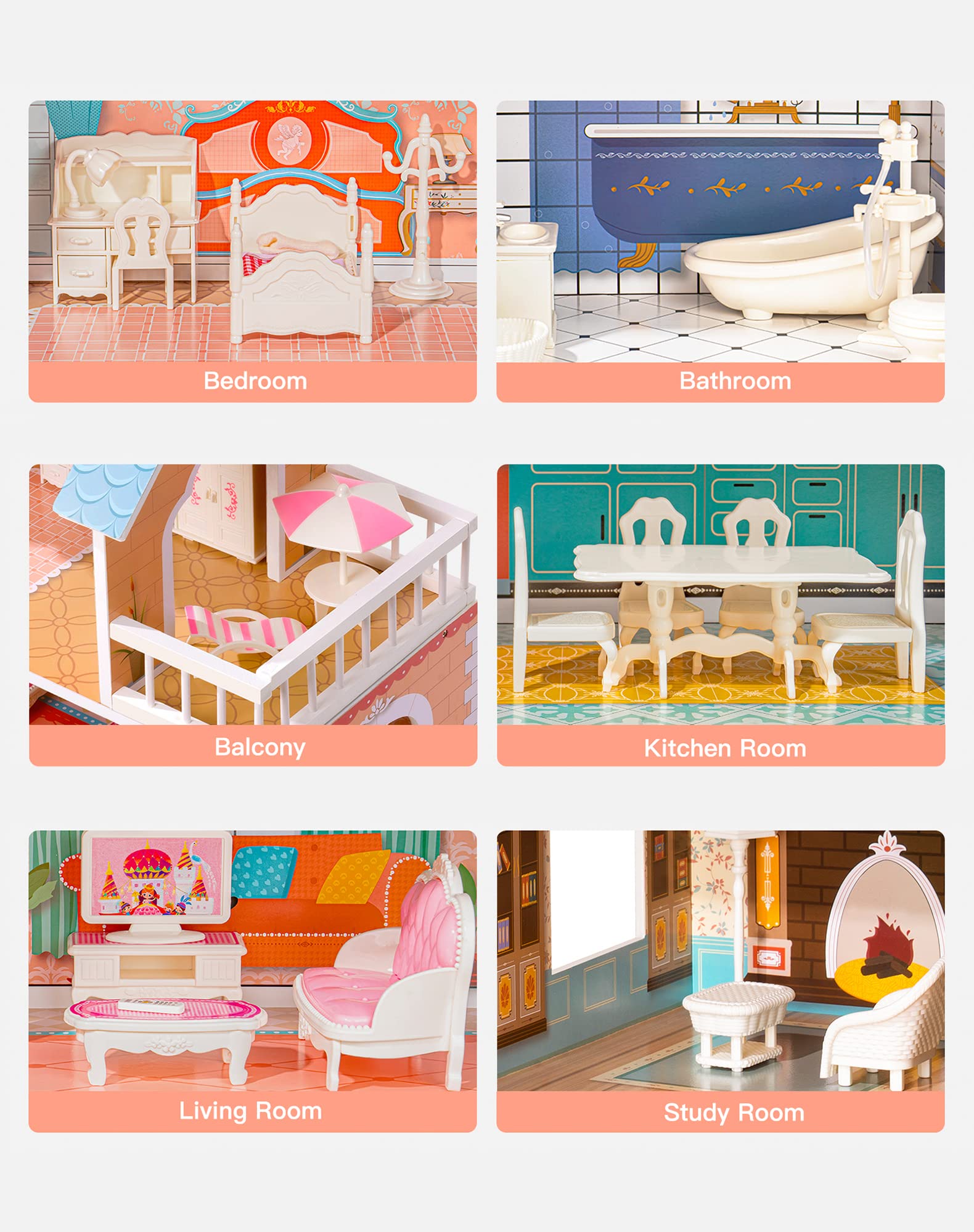 ROBOTIME Doll House Wooden Dollhouse for Kids 3 4 5 6 Years Old, Doll House w/28PCS Furniture