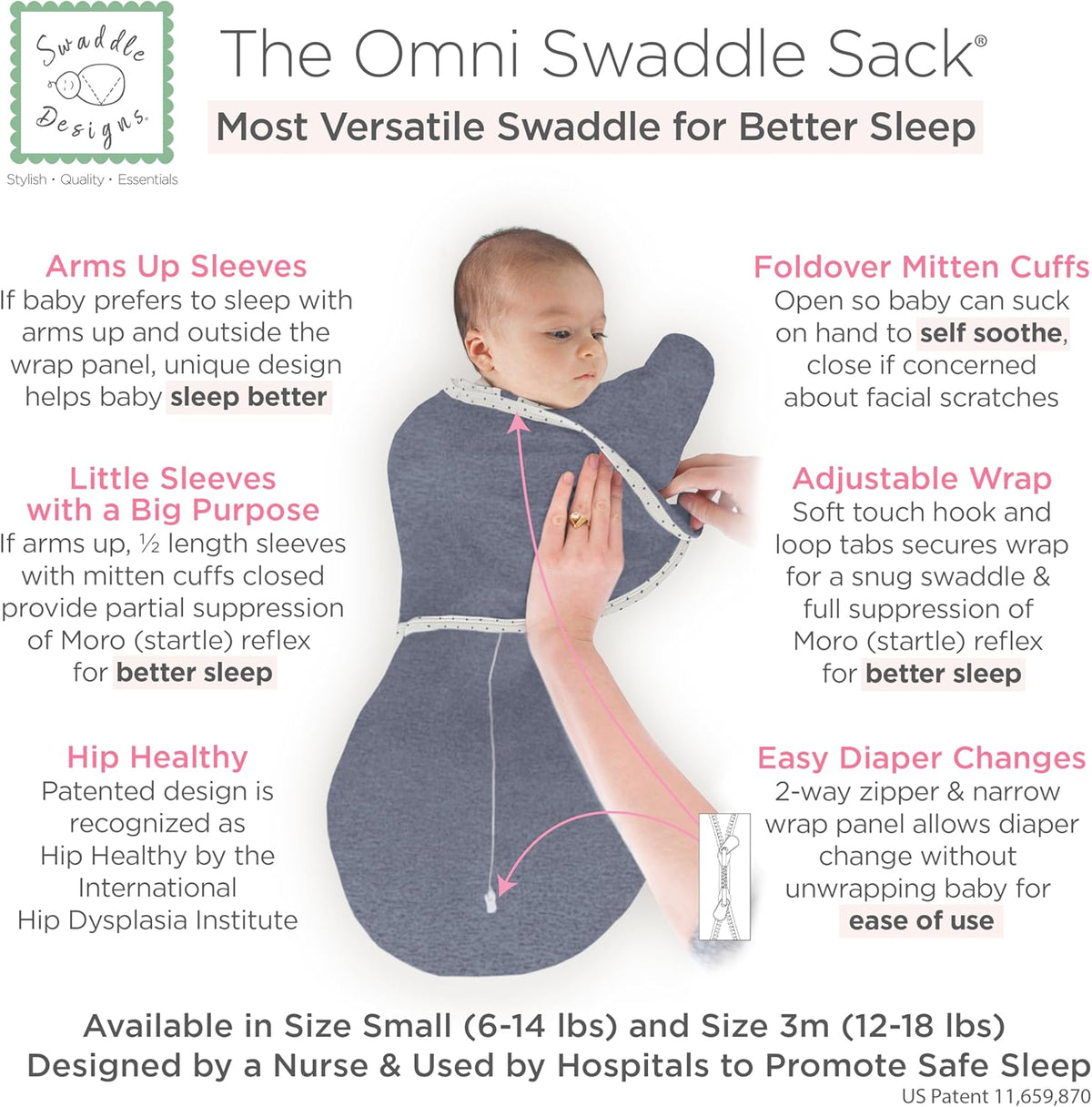 SwaddleDesigns 6-Way Omni Swaddle Sack Arms Up Swaddle for Newborn, More Options to Calm Startle