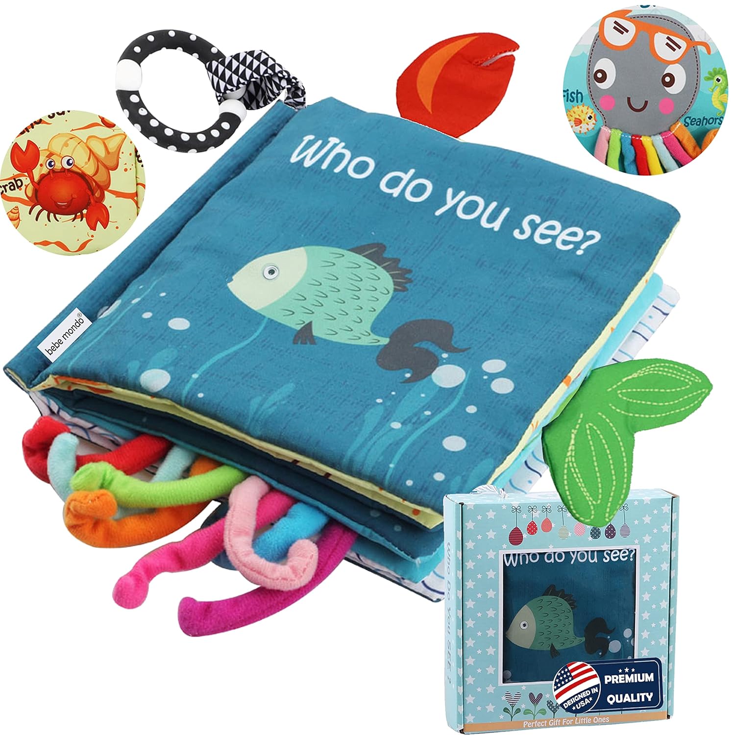 Fish Baby Book 0-6 Months,Touch Feel Cloth Crinkle Books for Babies,Infant Baby Toys 6-12
