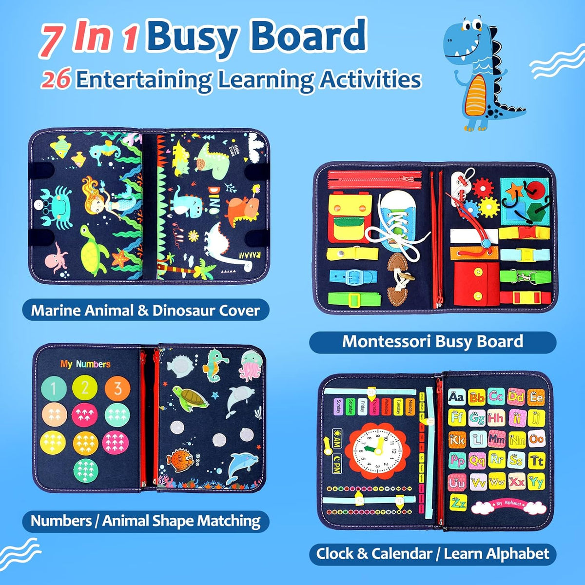 Qizfun Busy Board Montessori Toy for 1 2 3 4 Years Old, Educational Activity Sensory Board