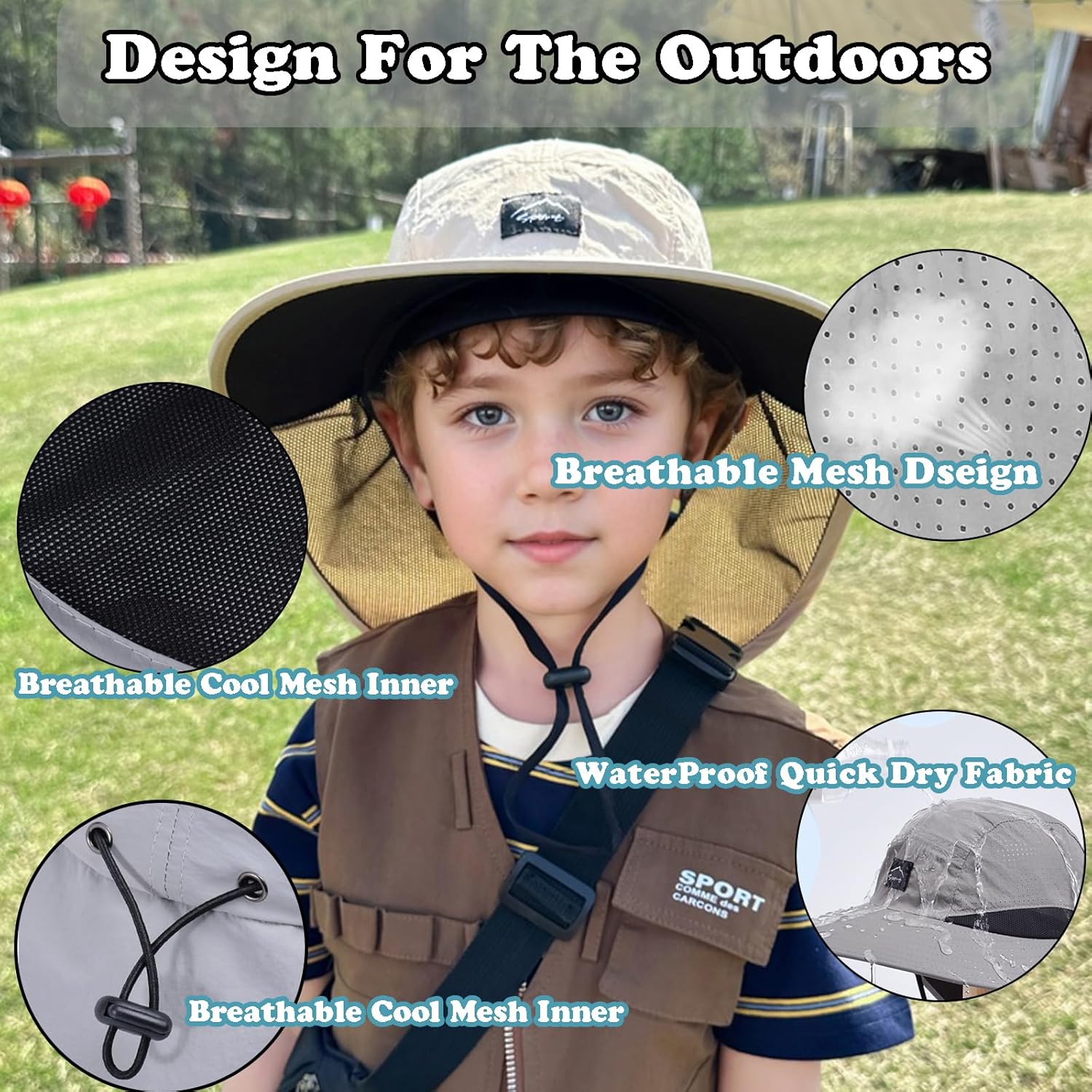 Outdoor Kids Sun Hat with Neck Flap UPF 50+ Quick Dry Beach Hats for Baby Boys Girls Age 2-12 Years