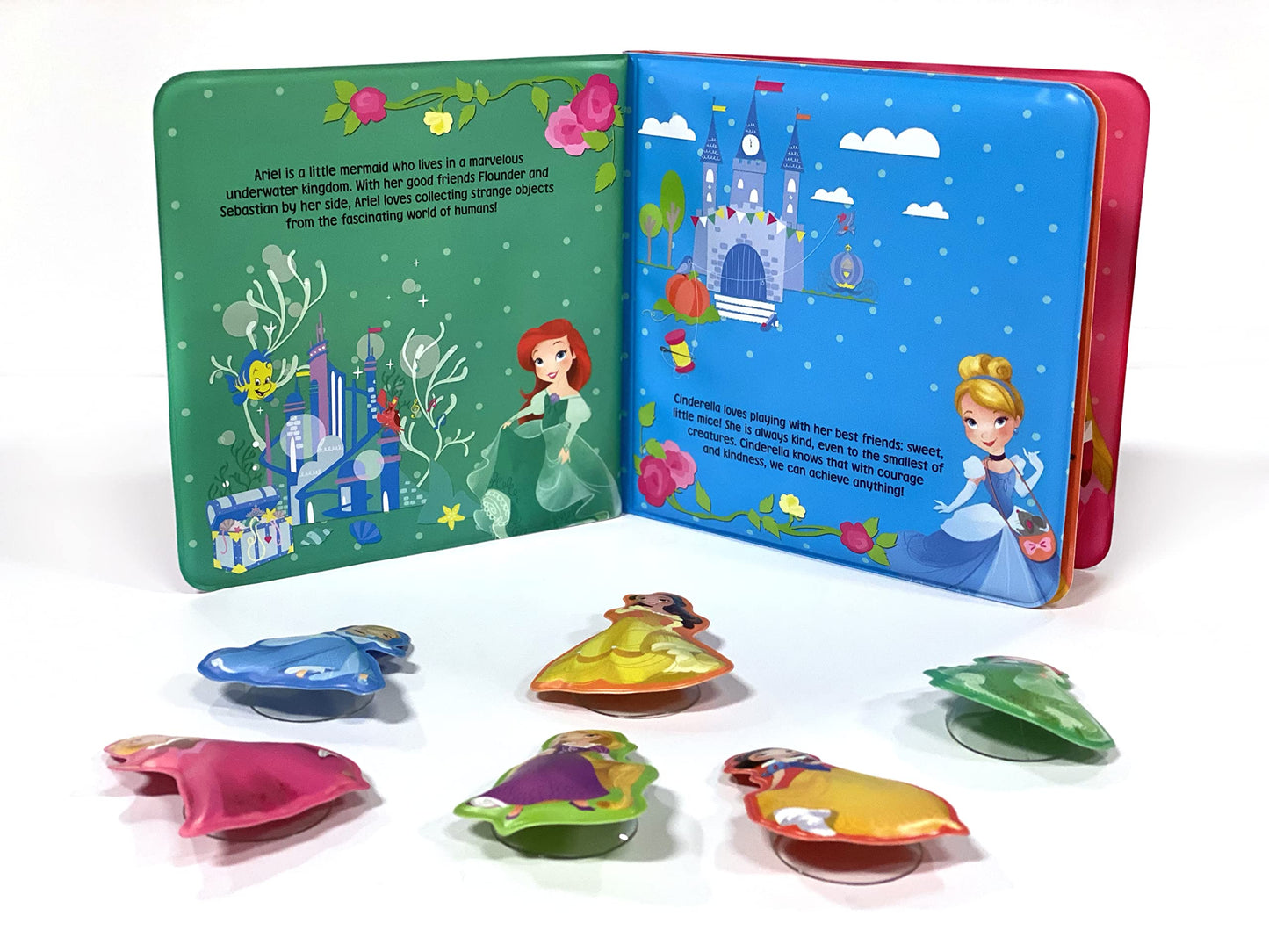 Disney Princess Bath Time Books - Activity Books for kids, Bath book, 6 Padded suction cups, 1 Mesh