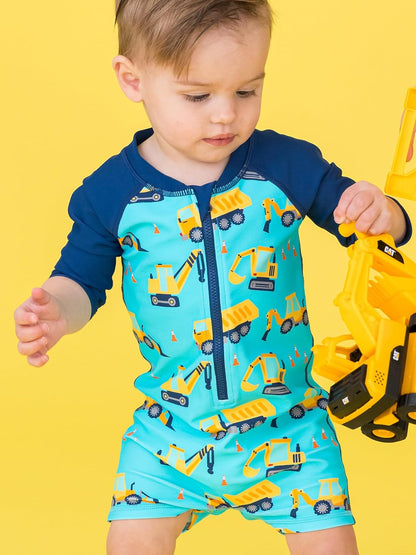 RUGGEDBUTTS Baby/Toddler Boy Swimsuit, One Piece Zipper Rash Guard Sunsuit with UPF 50+ Sun