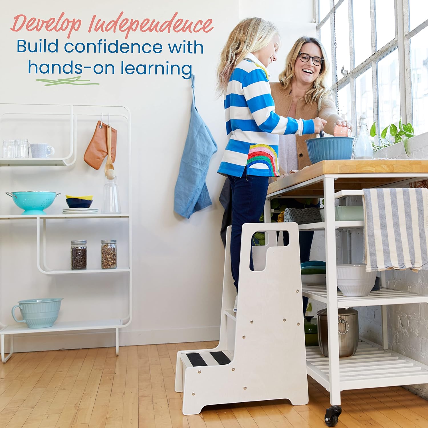 ECR4Kids Reach-Up Step Stool with Handles, Kids Furniture, White Wash
