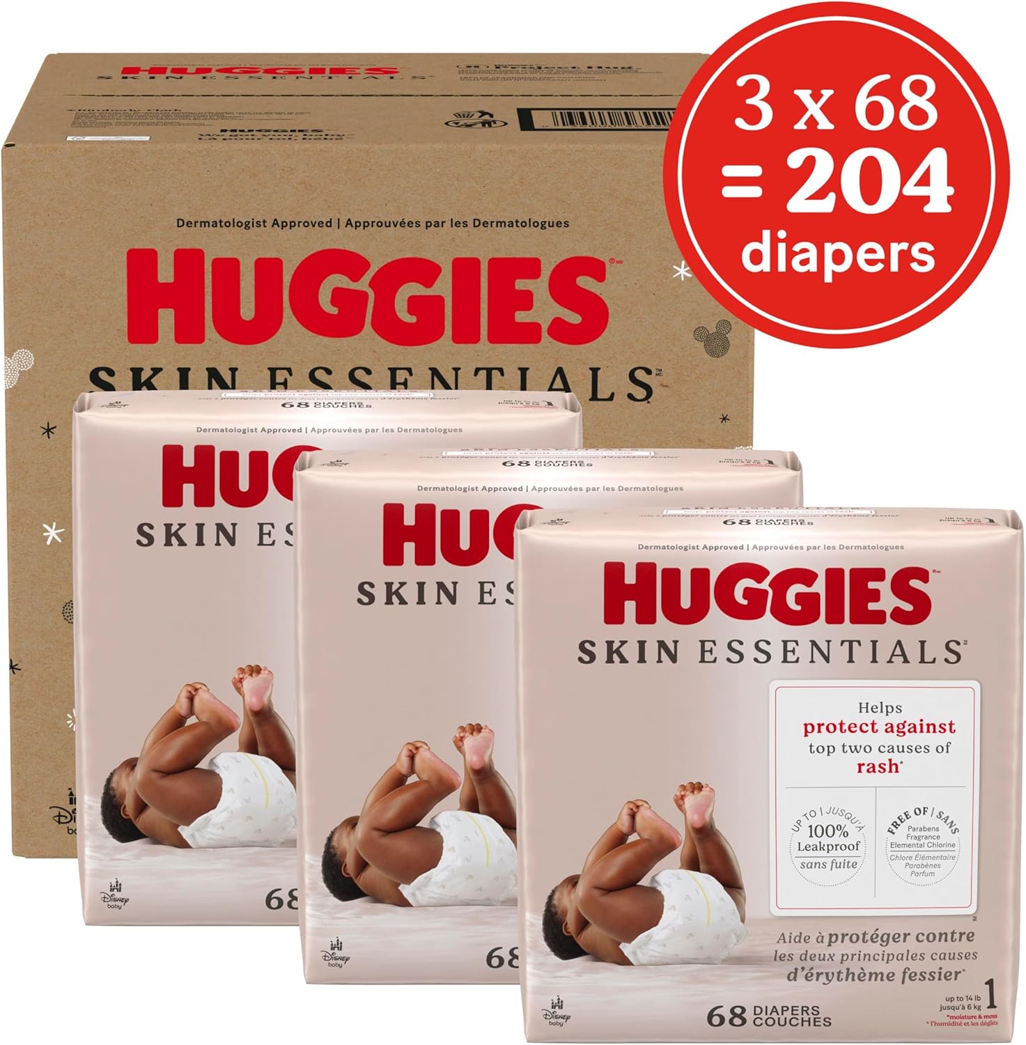 Huggies Size 1 Diapers, Skin Essentials Baby Diapers, Size 1 (8-14 lbs), 204 Count (3 Packs of 68)