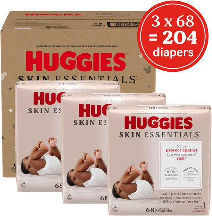 Huggies Size 1 Diapers, Skin Essentials Baby Diapers, Size 1 (8-14 lbs), 204 Count (3 Packs of 68)