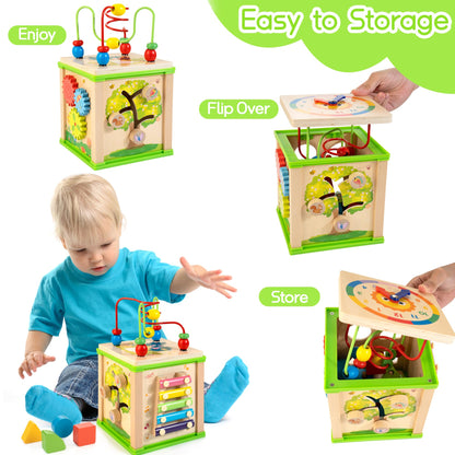 WOODMAM Wooden 7-in-1 Activity Cube, Montessori Toys for 1 2 Year Old