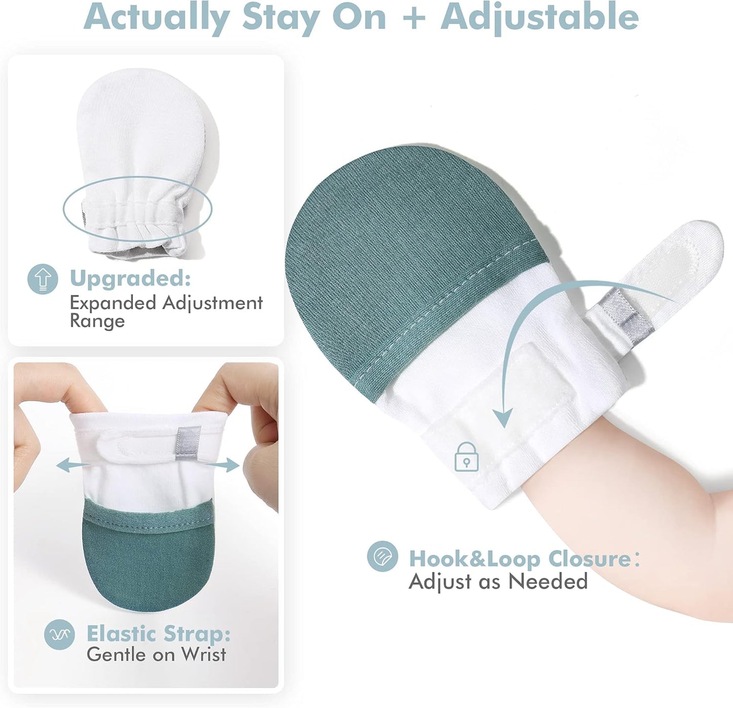 HAPIU Baby No Scratch Mittens Stay On, 100% Cotton Breathable, Adjustable Infant Gloves for Boys