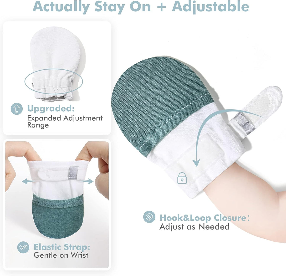 HAPIU Baby No Scratch Mittens Stay On, 100% Cotton Breathable, Adjustable Infant Gloves for Boys