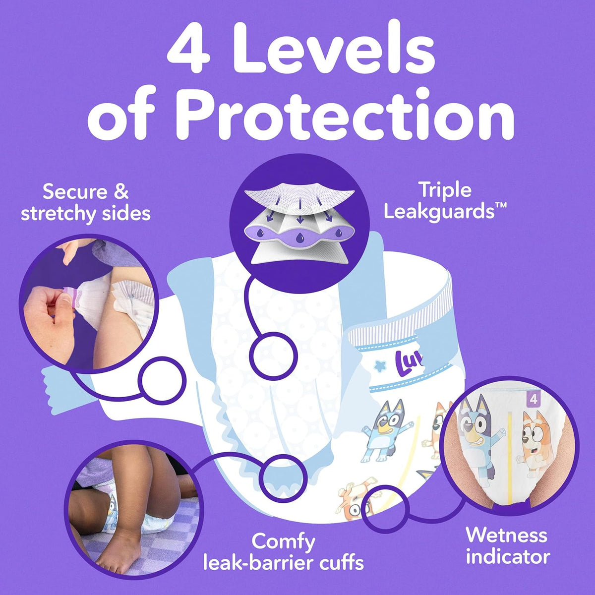 Luvs Size 4 Baby Diapers, Platinum Protection Bluey Diapers for Day & Night, Size 4, 198 Count