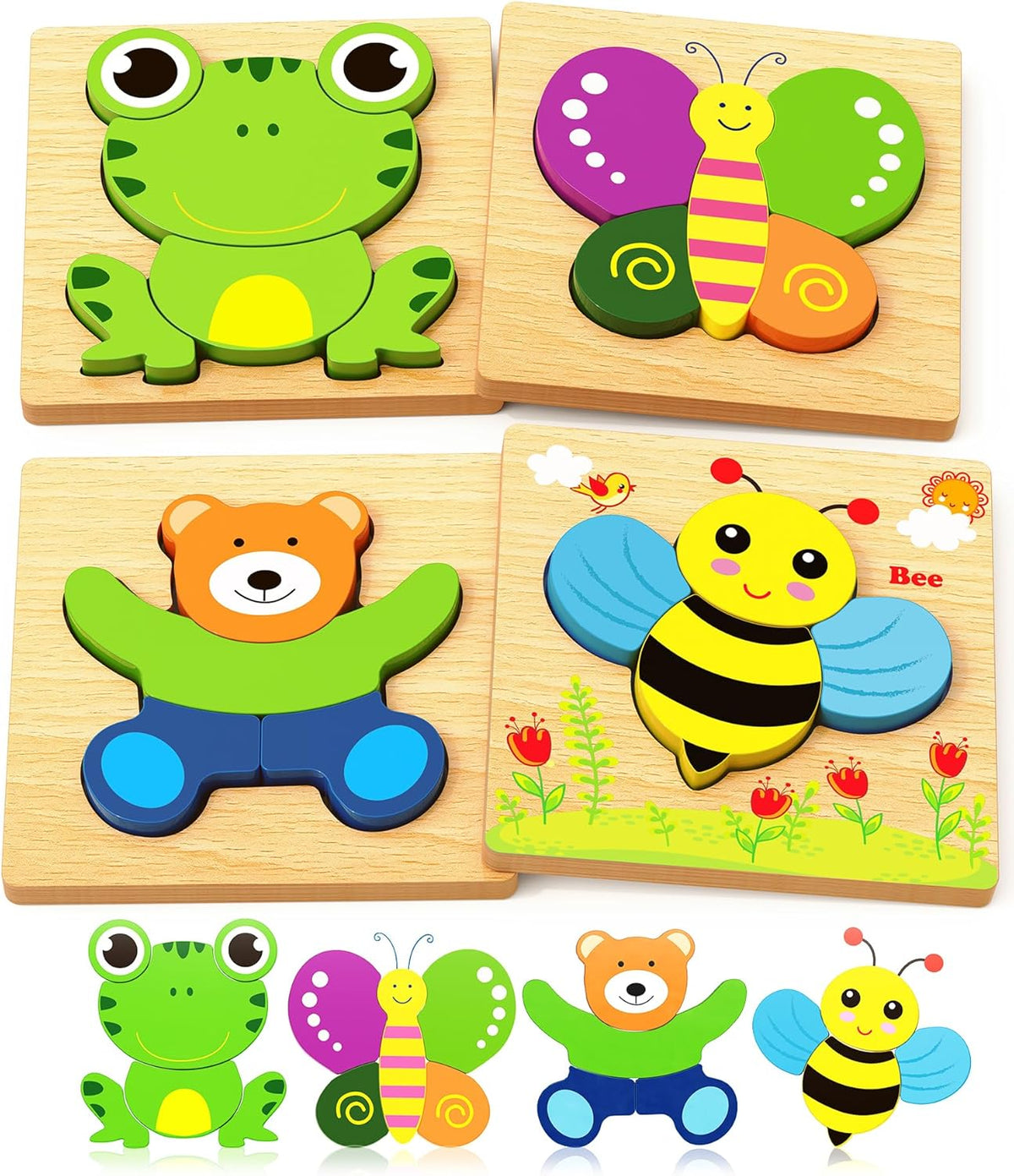Bekayshad Wooden Puzzles Toddler Toys Gifts for 1 2 3 Year Old Boys Girls, 4 Pack Animal Jigsaw