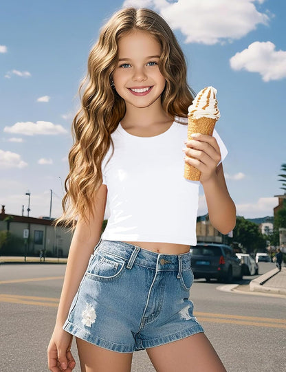 Auranso Girls Crop Tops Summer Short Sleeve Round Neck T Shirts Basic Tee for Kids