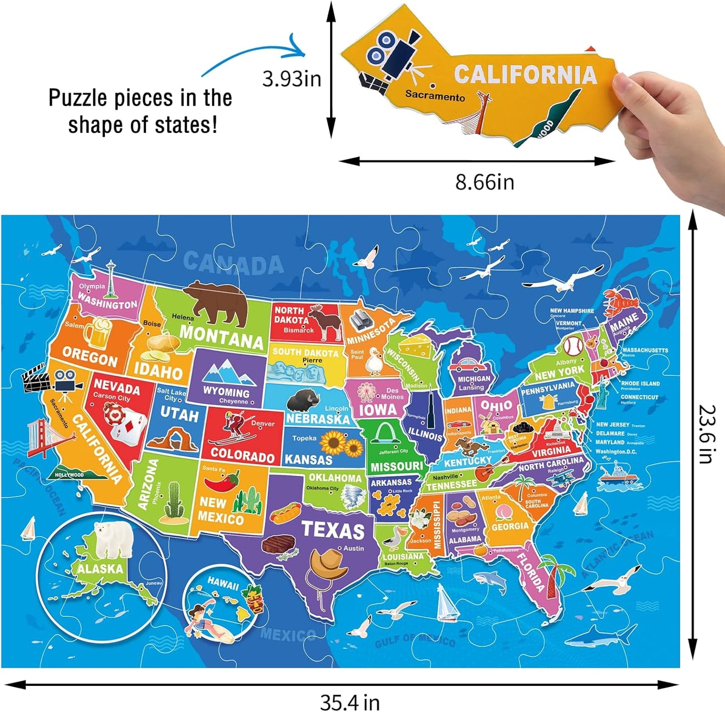 Jumbo Floor Puzzle for Kids,USA Map Puzzle Jigsaw Geography Puzzles,70 Piece US Map 50 States with