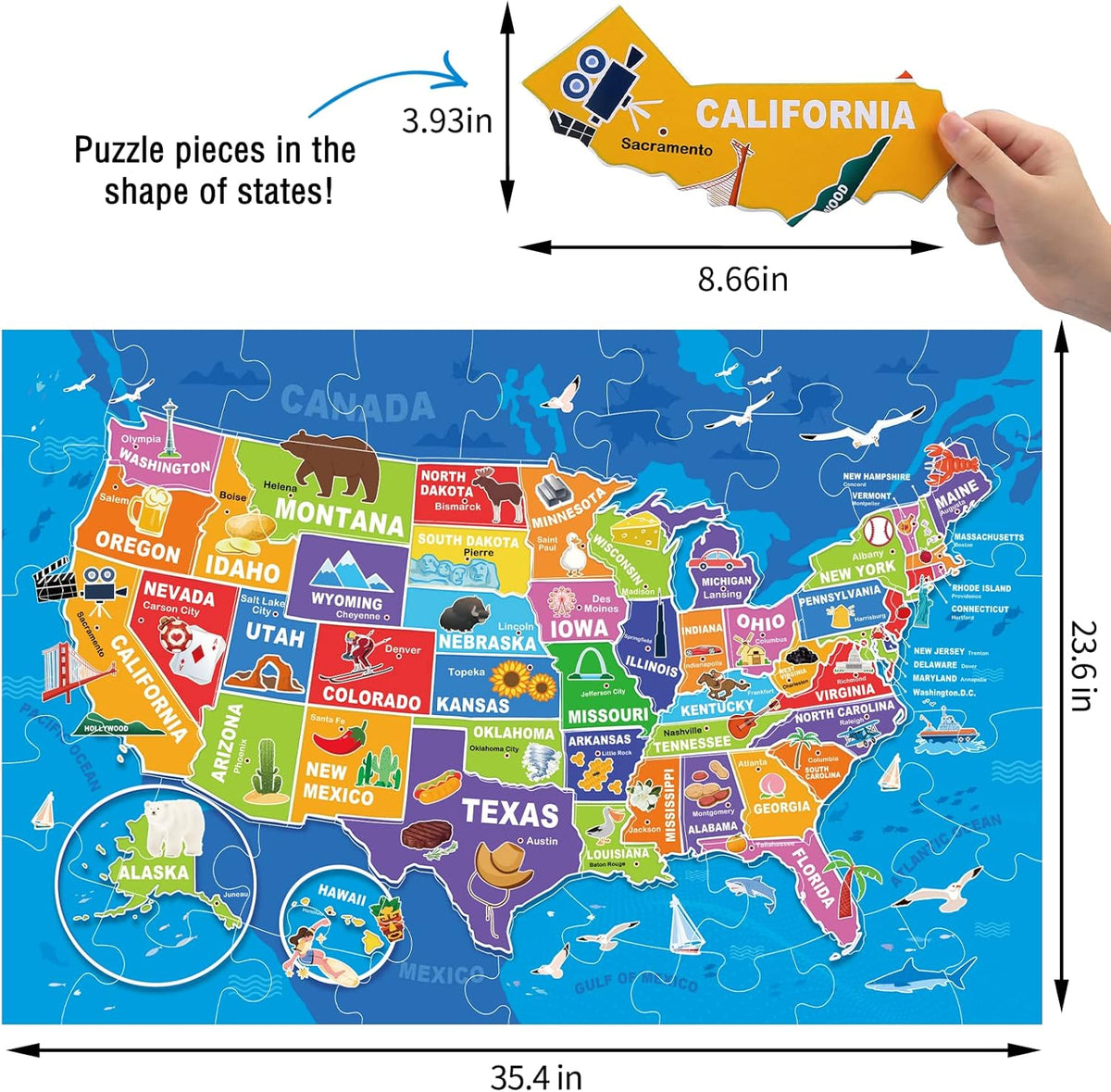 Jumbo Floor Puzzle for Kids,USA Map Puzzle Jigsaw Geography Puzzles,70 Piece US Map 50 States with