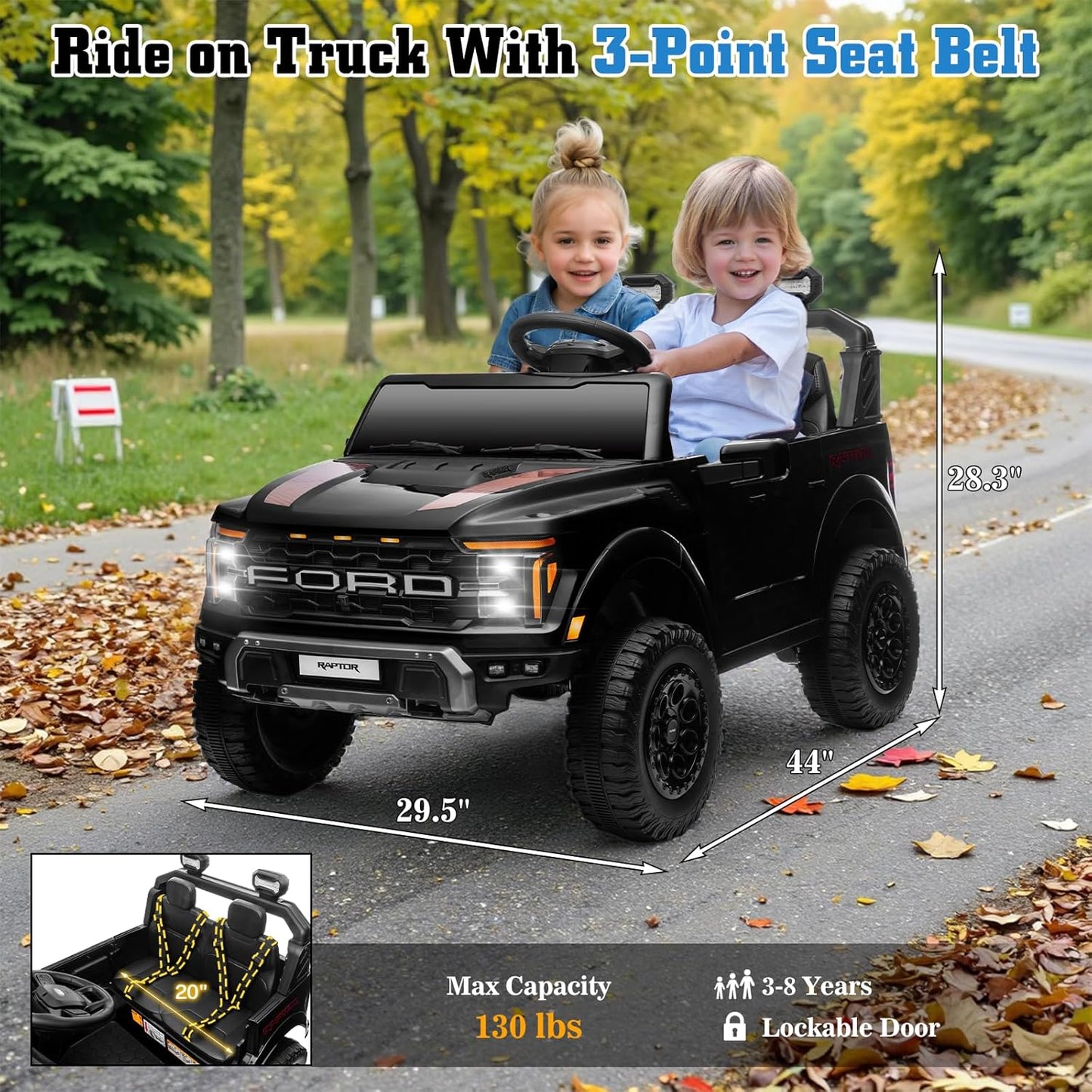 24V Ride on Car Licensed Ford F-150 Raptor, Kids Electric Car with Remote Control, LED