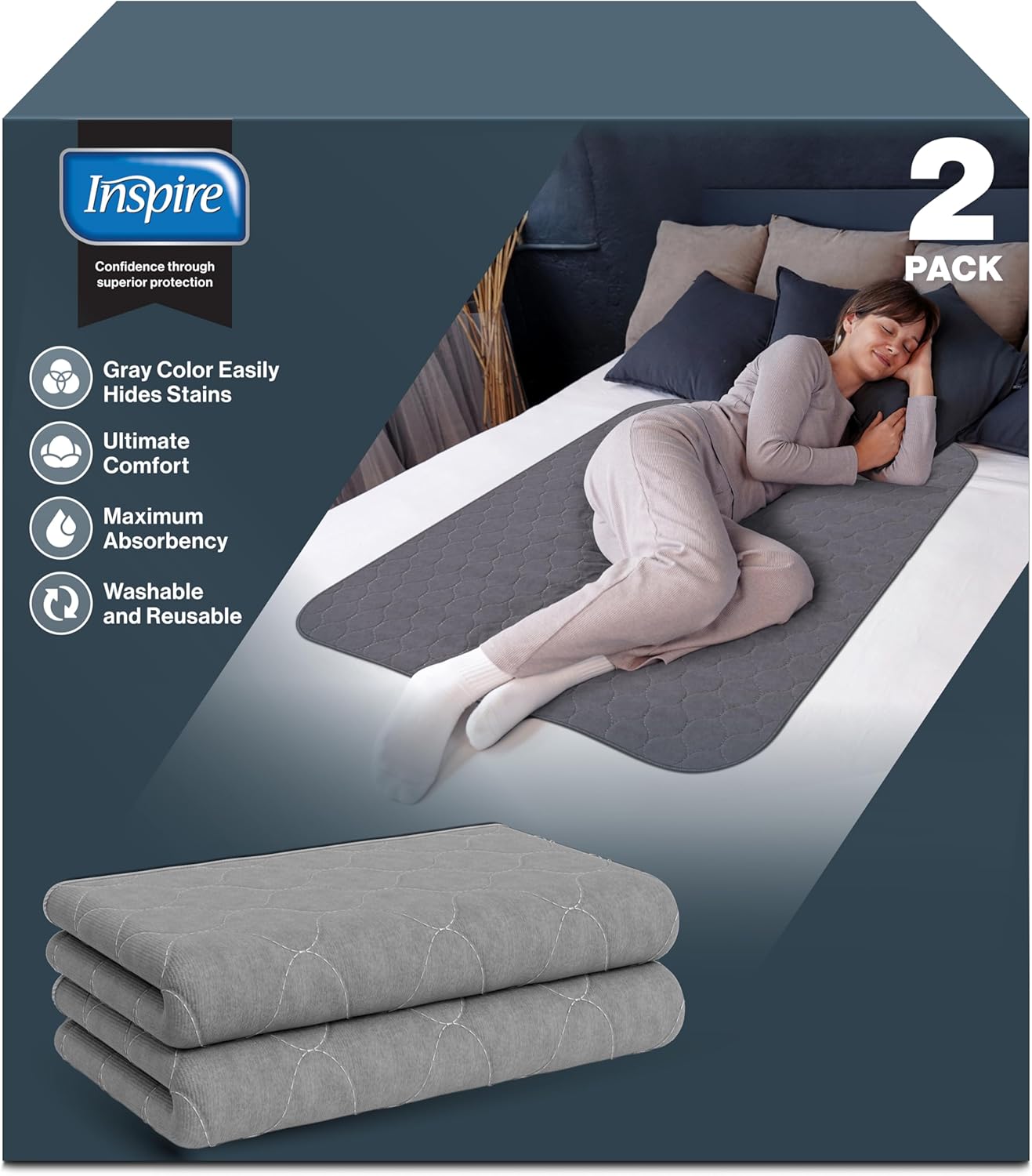 Inspire Underpads | Stain Hiding Gray Reusable Incontinence Bed Pads | Waterproof Mattress Pad |