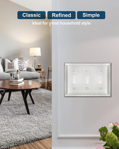 2-Pack Light Switch Cover, Satin Nickel Triple Toggle Wall Plate, Metal Switch Plate Cover