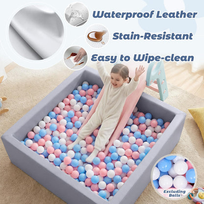 Leather Foam Ball Pit for Toddlers: Waterproof Baby Ball Pit with Soft Memory Foam - Large