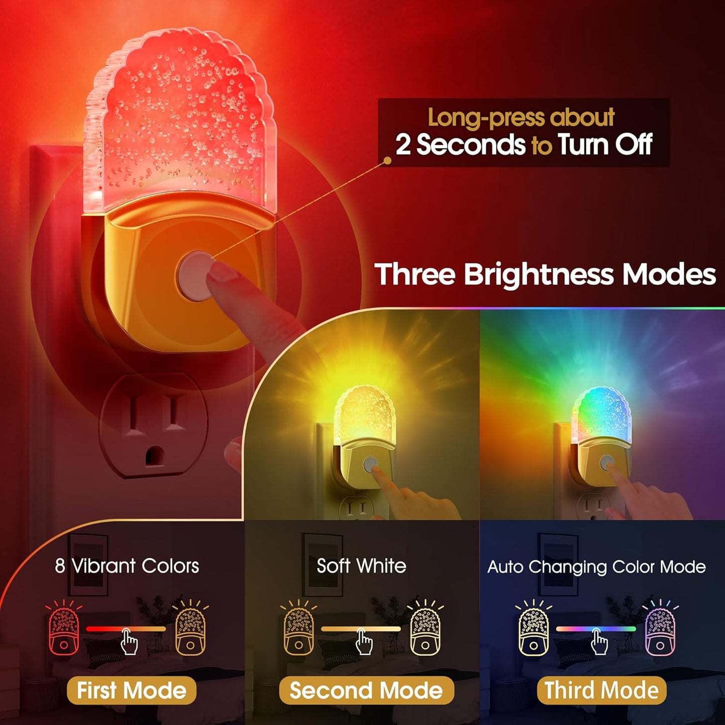 Night Lights Plug into Wall, 2 Pack, Night Light Color Changing, LED Acrylic 8 Colors RGB, Gold