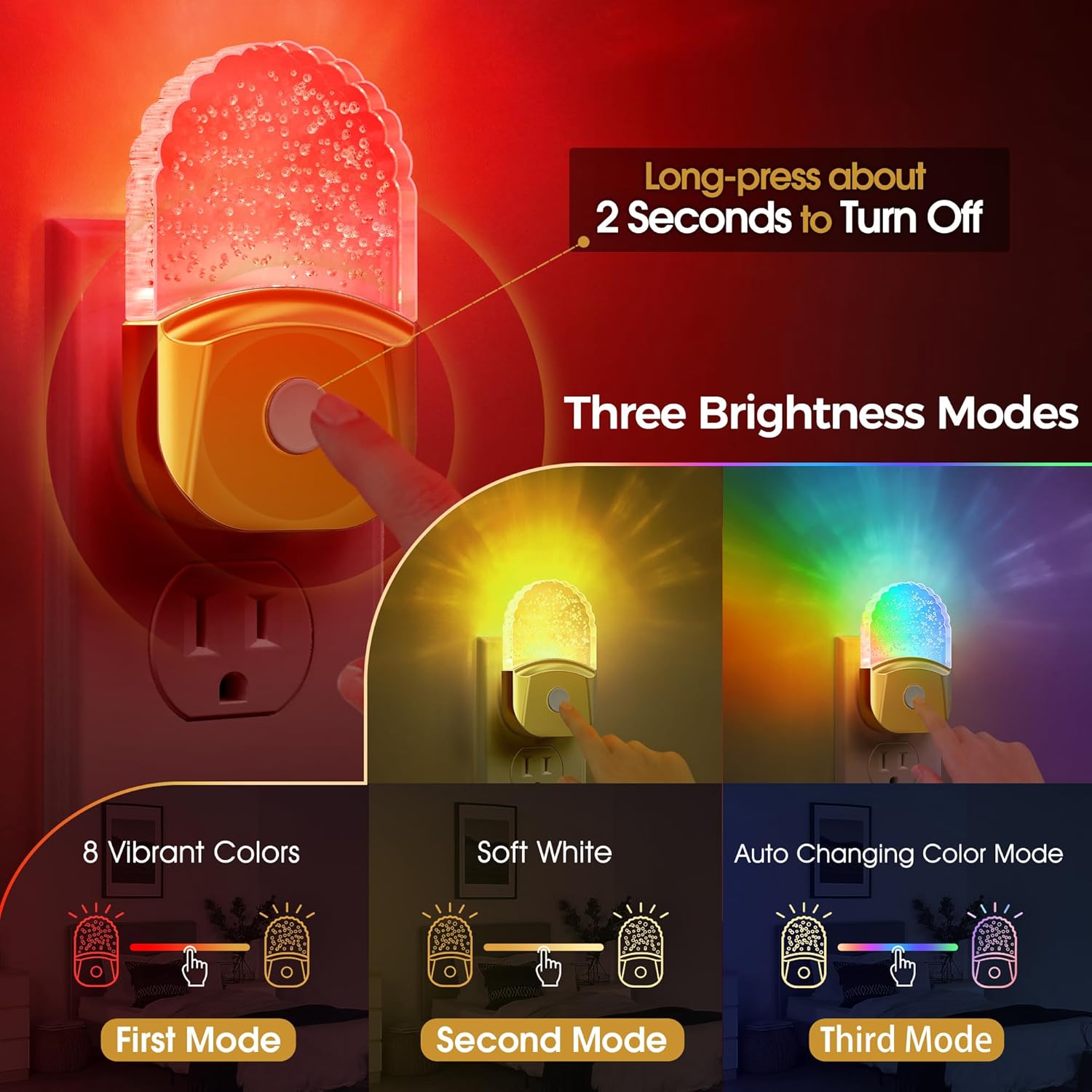 Night Lights Plug into Wall, 2 Pack, Night Light Color Changing, LED Acrylic 8 Colors RGB, Gold