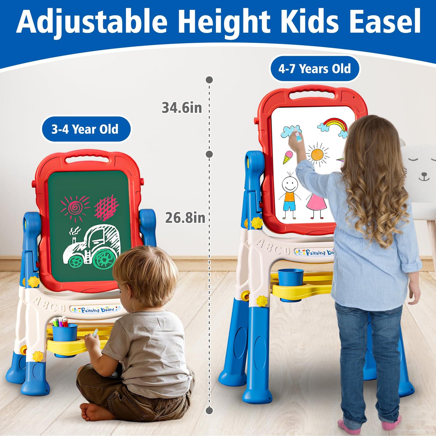 Kids Easel for Toddlers Age 3-4 Art Magnetic White Board & Chalkboard Double Side Adjustable Stand