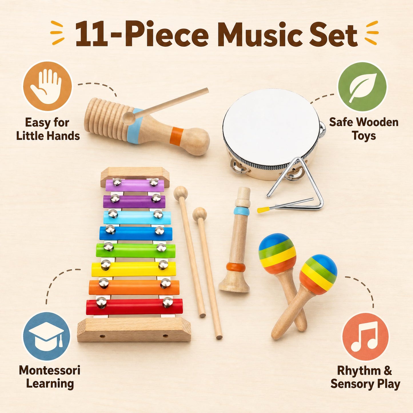 Montessori Wooden Musical Instruments for Toddlers, Educational Baby Drum Set with Xylophone &