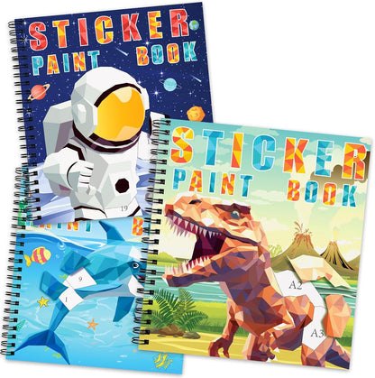 homicozy 3PCS Sticker Paint Books for Kids Ages 4-10,Dinosaur Astronaut Ocean Animals Designs Paint
