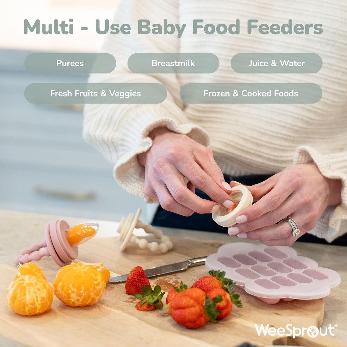WeeSprout Silicone Baby Food Feeders + Freezer Tray for Batch Prep, Set of 2, Introduce New Foods