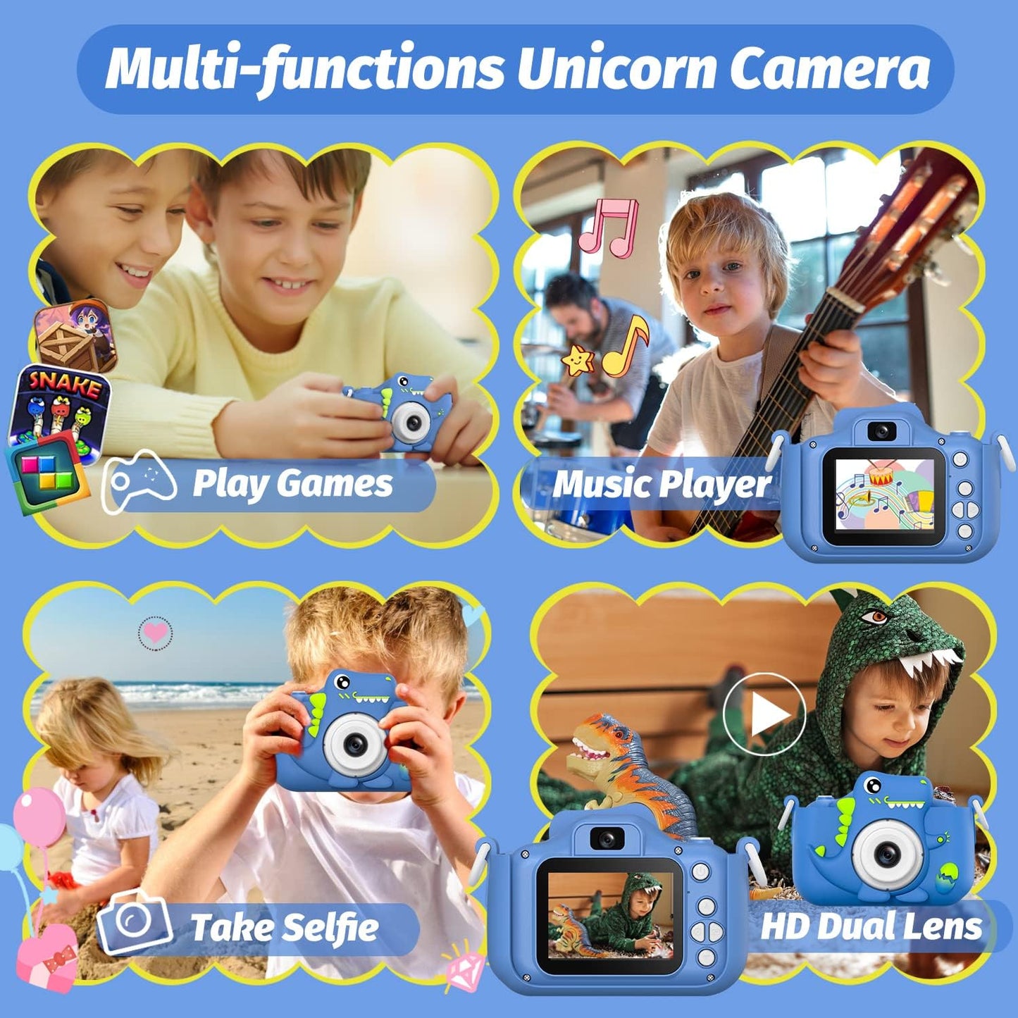 Upgrade Dinosaur Kids Camera, Christmas Birthday Gifts for Girls Boys 3-12, 1080P HD Selfie Digital